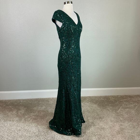 R&M Richards Women's Formal Dress Size 6 Green Sequined Lace Short Sleeve Gown - Picture 2 of 12